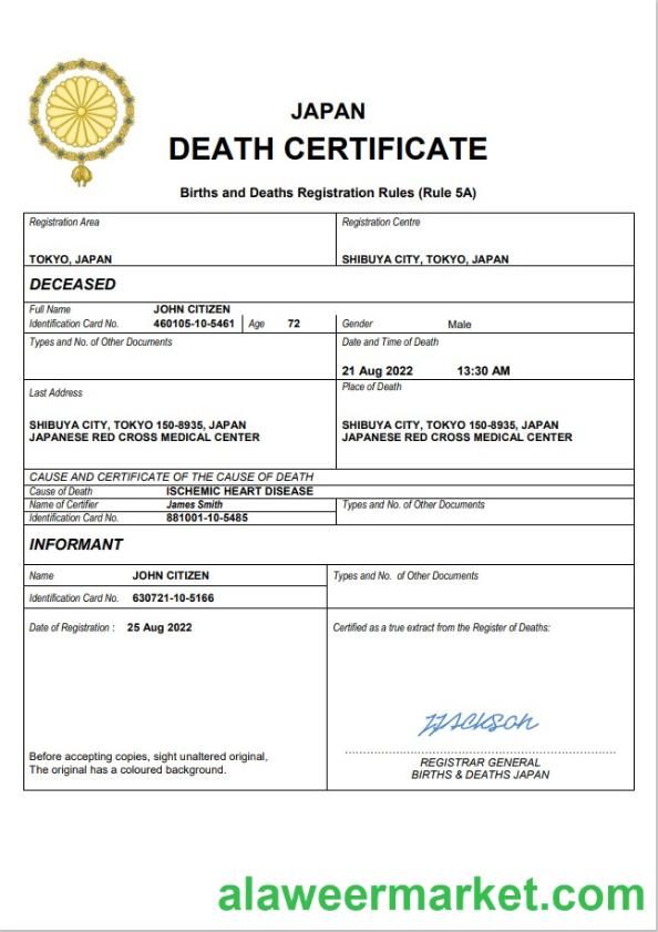Japan death certificate Word and PDF template
